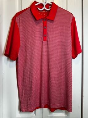 Adidas Polo Shirt Mens L Red Excellent Climachill Micro Stripe Golf Top #143